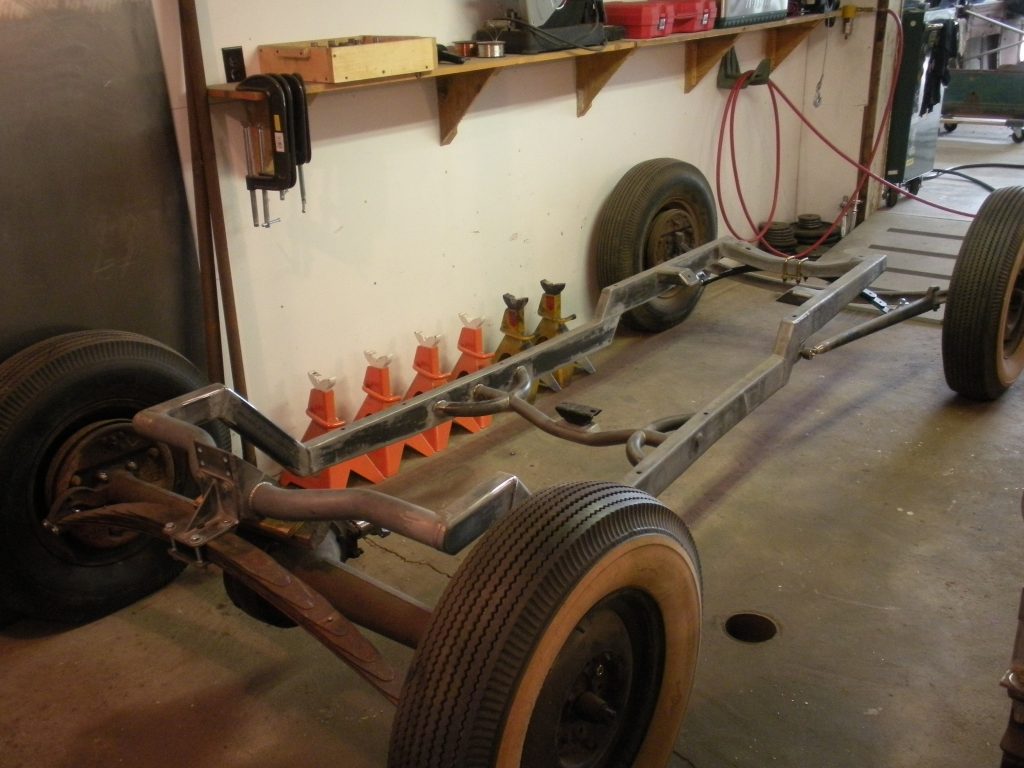 A car frame that is being worked on.
