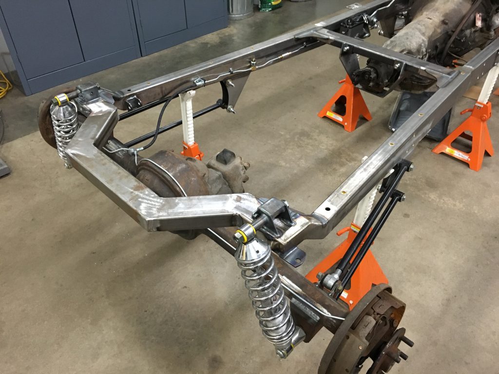 Custom car chassis rear suspension detail.