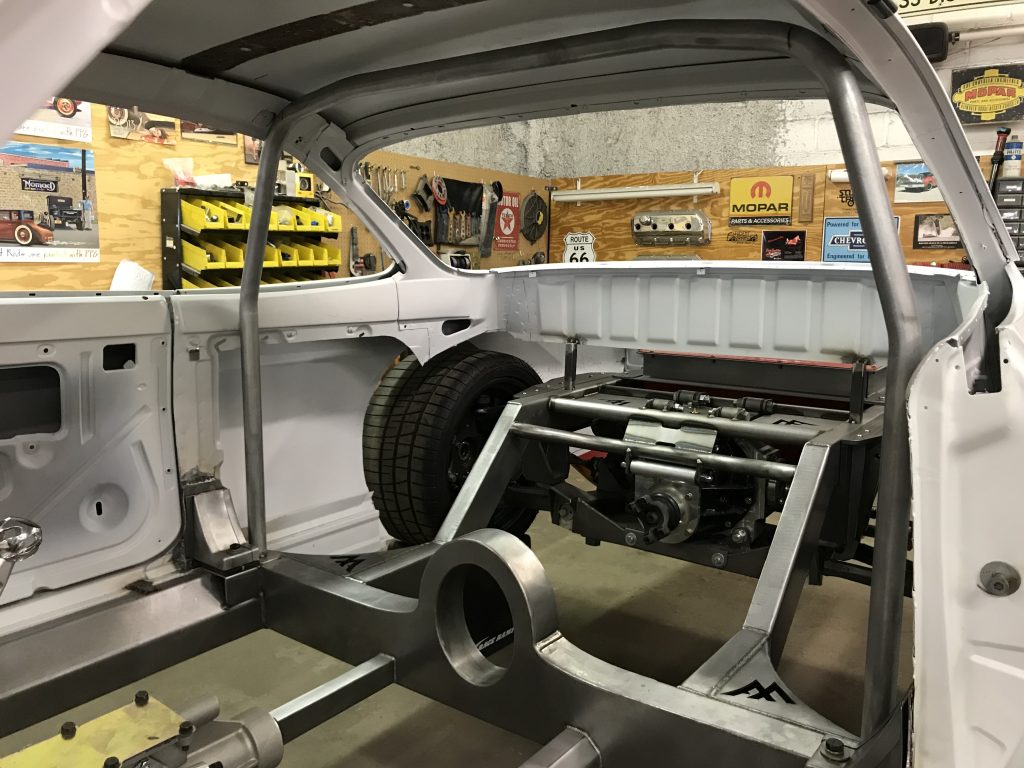 Custom car chassis under construction.